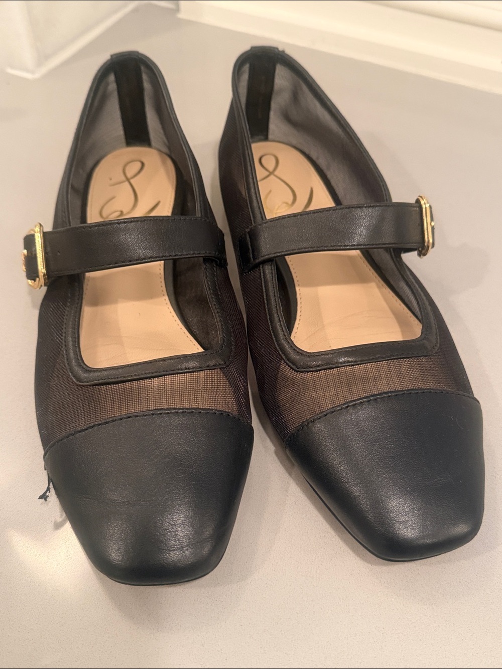 Sam Edelman Miranda Black Mesh Mary Jane Flats with Gold Buckle Size 7